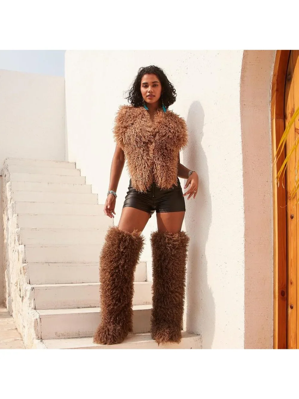 Women's Brown Shaggy Faux Furry Fuzzy Fluffy Flat Knee-High Slouchy Snow Boot